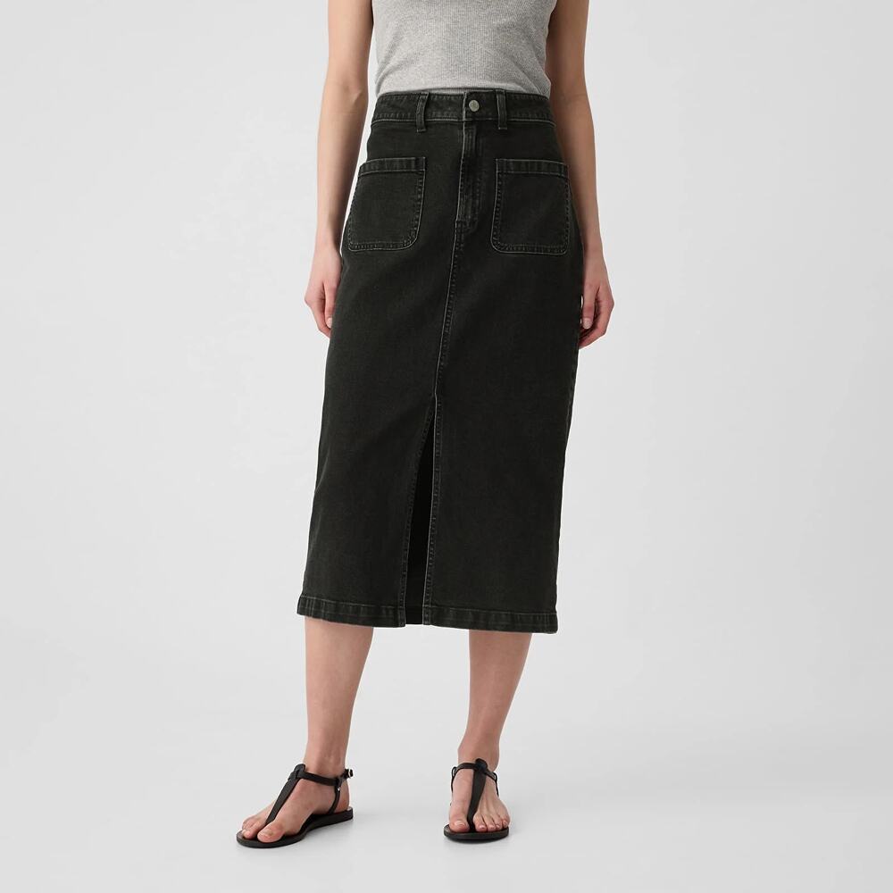 GAP Denim Midi Patch Pocket Sheath Skirt in Black Wash Front Slit Size 4/27